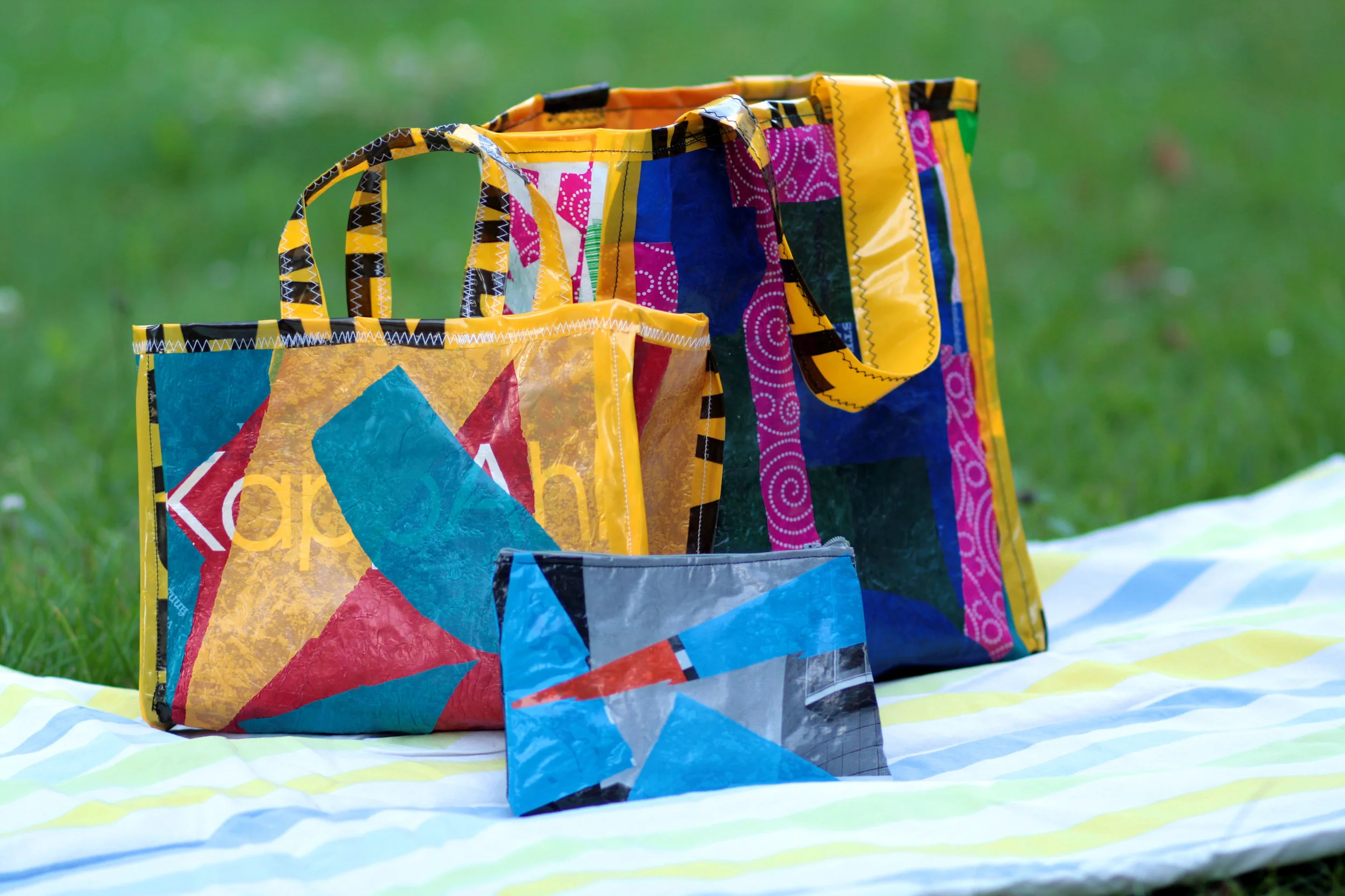 Bags made of fused (with iron) plastic bags.