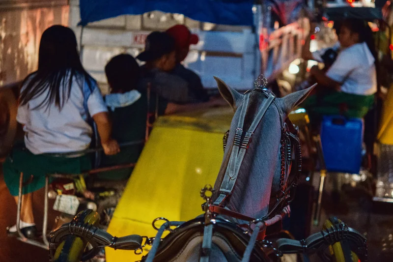 A kalesa or traditional horse driven carriage stuck in heavy traffic on Roxas Boulevard near Manila Bay on its way back home to Navotas. This kalesa is one of two owned by the cochero or carriage driver Julie and her Lesbian partner Gemma, who is suffering from breast cancer. Kalesas were one mode of transportation introduced to the islands in the 18th century by Spanish colonizers, and was initially reserved for only nobles and high-ranking civic officials. They are rarely used in the streets today, except in the tourist-frequented areas of old cities and some rural areas. Julie and her relatives work in the Manila Bay area but commute north every night along a road that has become notorious for its traffic, poverty, and extrajudicial killings. ERMITA, MANILA. 2018.