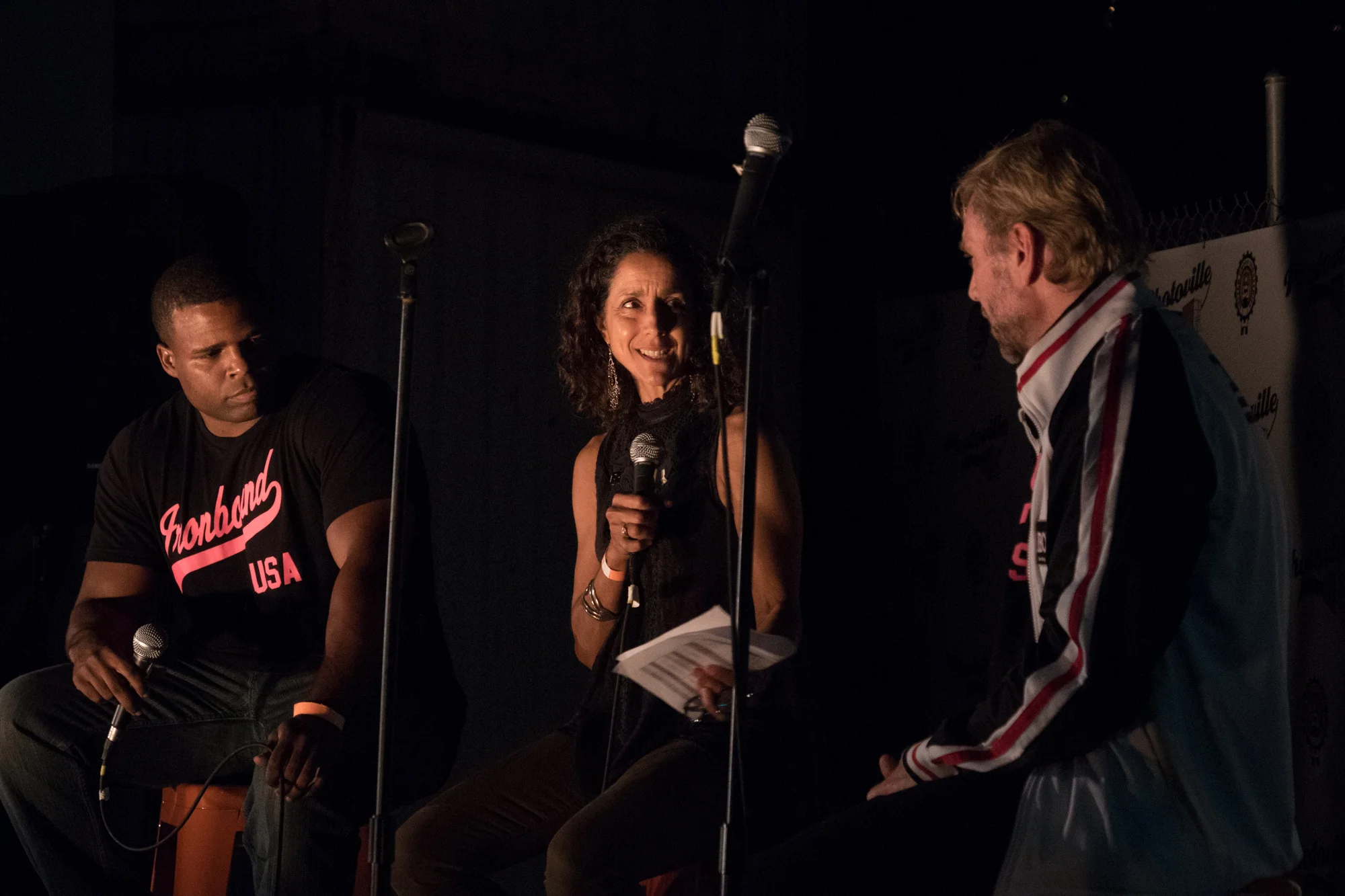 Julie Winokur interviews Mike Steadman (left) and Gary Bloore after screening Fighting Chance on Opening Night. (Photo by Stephanie Khoury)