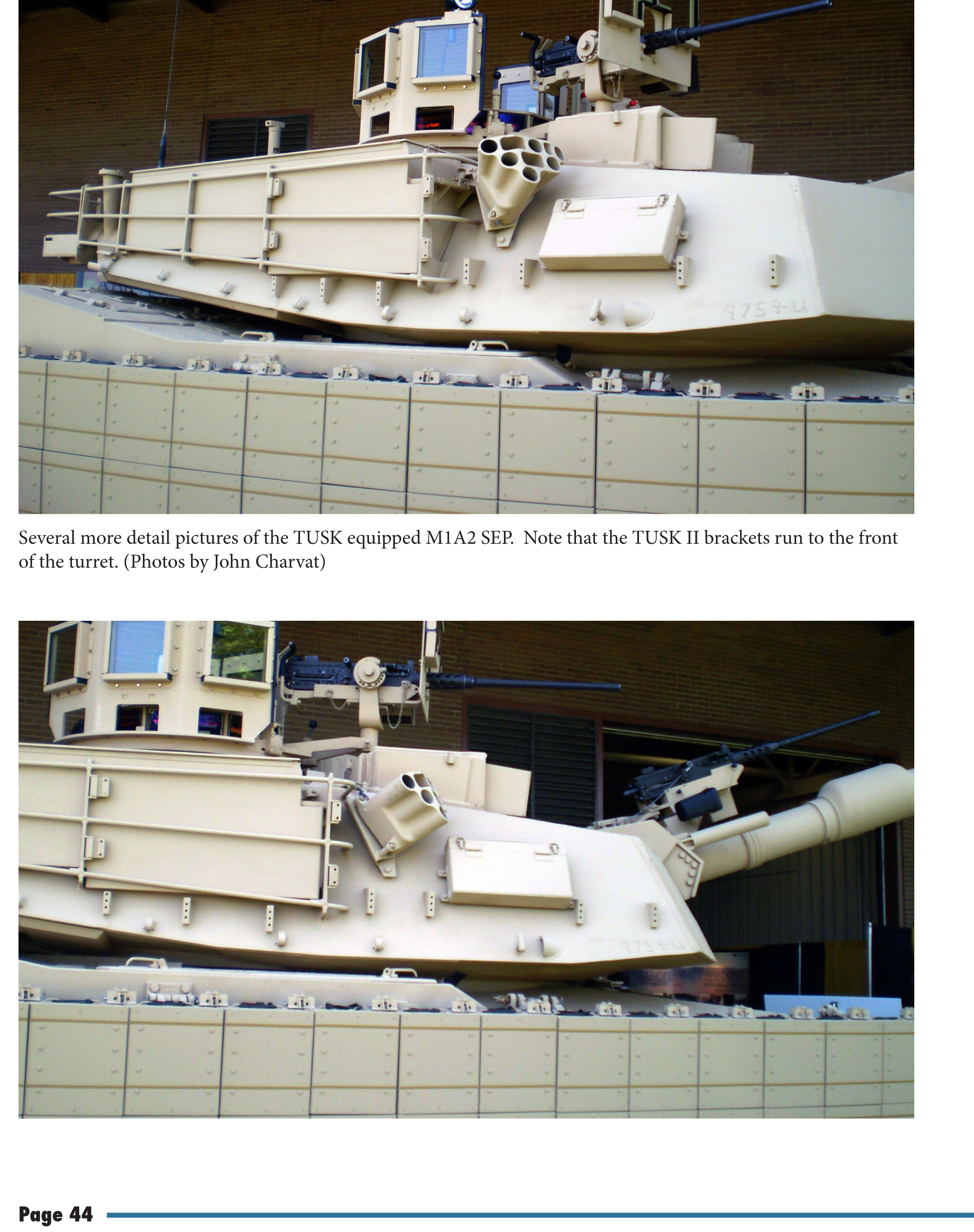 Multiple views of an Abrams with the TUSK I array in place follow.