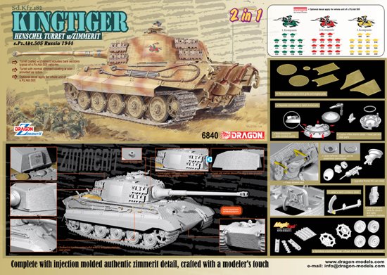 What sets this 1/35 scale kit apart is the pre-injected Zimmerit coating on the upper hull and turret. Of course, the kit perfectly mimics the original Kingtigers of s.Pz.Abt.505 in that there are rectangles on the turret where there is no Zimmerit to allow the unit insignia to be painted on. No one does Zimmerit better than Dragon, with the texture carefully and realistically crafted to scale. Zimmerit is a unique characteristic on many German tanks, and instead of having to mess and fiddle around with putty, many modelers have stated a preference for having it pre-molded on their kits. Of course, the famous insignia is included as high-quality decals. As a special bonus, Dragon also placed in the box a second turret with a completely normal Zimmerit coating, thus giving modelers even more choices to build a regular Kingtiger. This kit will have modelers charging down to their model shops to see and buy it for themselves!