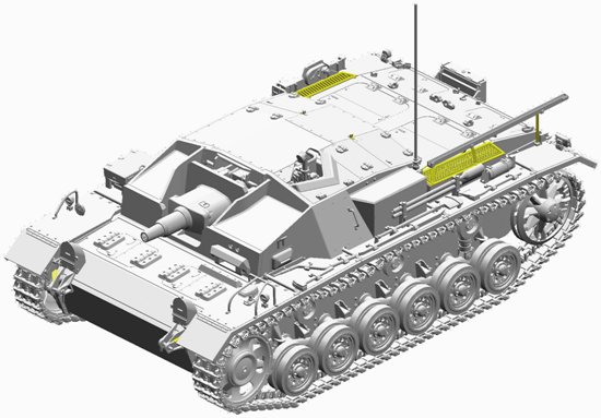 Hot on the wheels of the popular StuG.III Ausf.E comes this magnificent kit. This 1/35 scale rendition boasts many new plastic parts. These include a new fighting compartment and roof, new fenders, final-drive hatches and glacis, side pannier for the radio set and angled side sponsons. There is even a brand new light guard for vehicles specific to the StuG.Abt.177 unit. Like the StuG.III Ausf.E (#6688), this new kit also contains a complete gun with its mount and fighting-compartment interior details. StuG. fans will find it a treat to assemble thanks to the kit’s superior level of detail and engineering excellence.