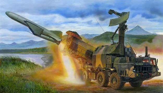 The Russian P-15 Termit was an anti-ship missile developed in the 1950s. The 4K51 Rubezh was one of the later variants of the weapon, developed in the 1970s for use in the Cold War. Based on the MAZ-543 high mobility truck, the vehicle was best known by its NATO designation, the SS-C-3 Styx. Kit consists of over 1,100 parts, including rubber tires, clear parts, cobber cable, and photo-etched parts.