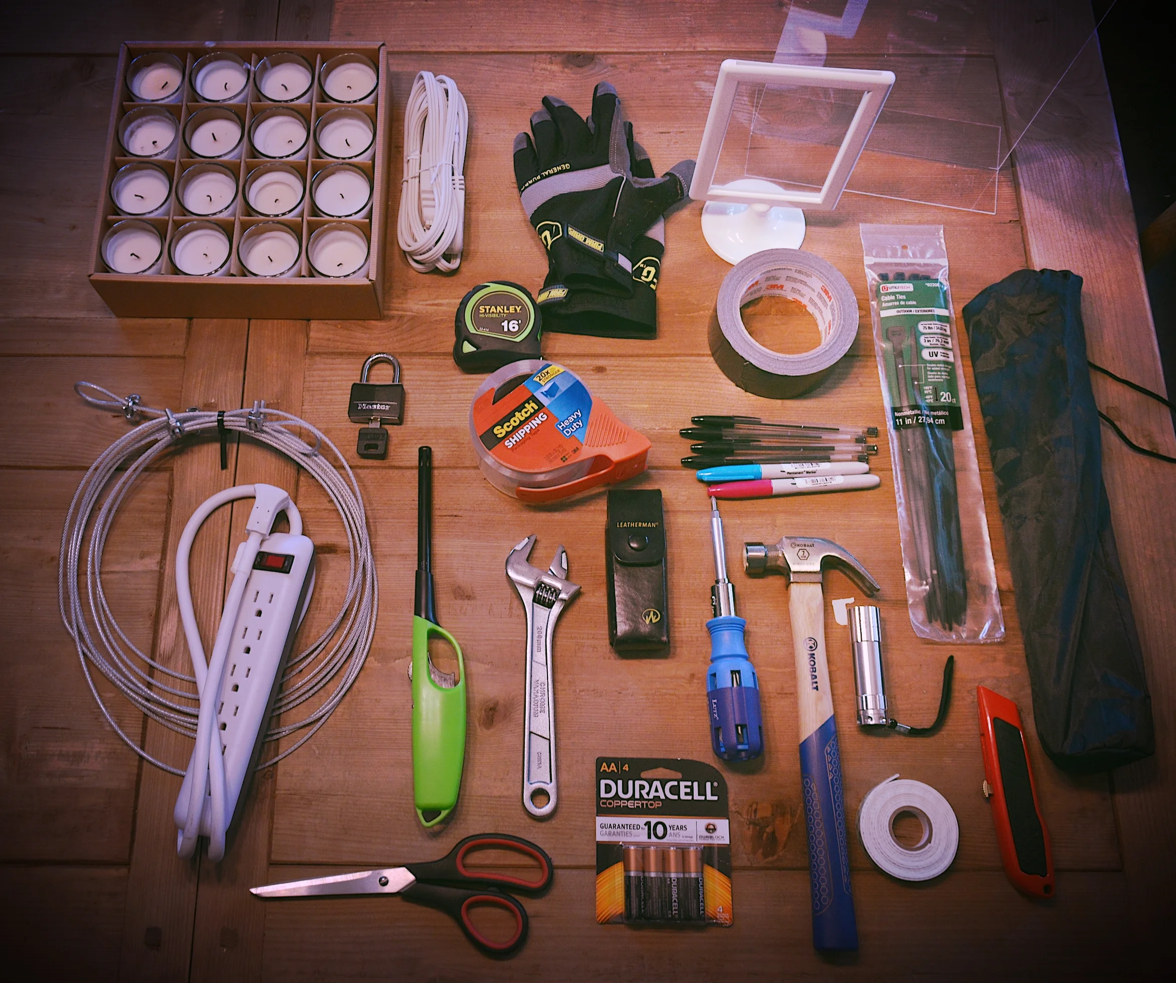 Corporate Event Kit unpacked. These items are packed into small blue tool box.