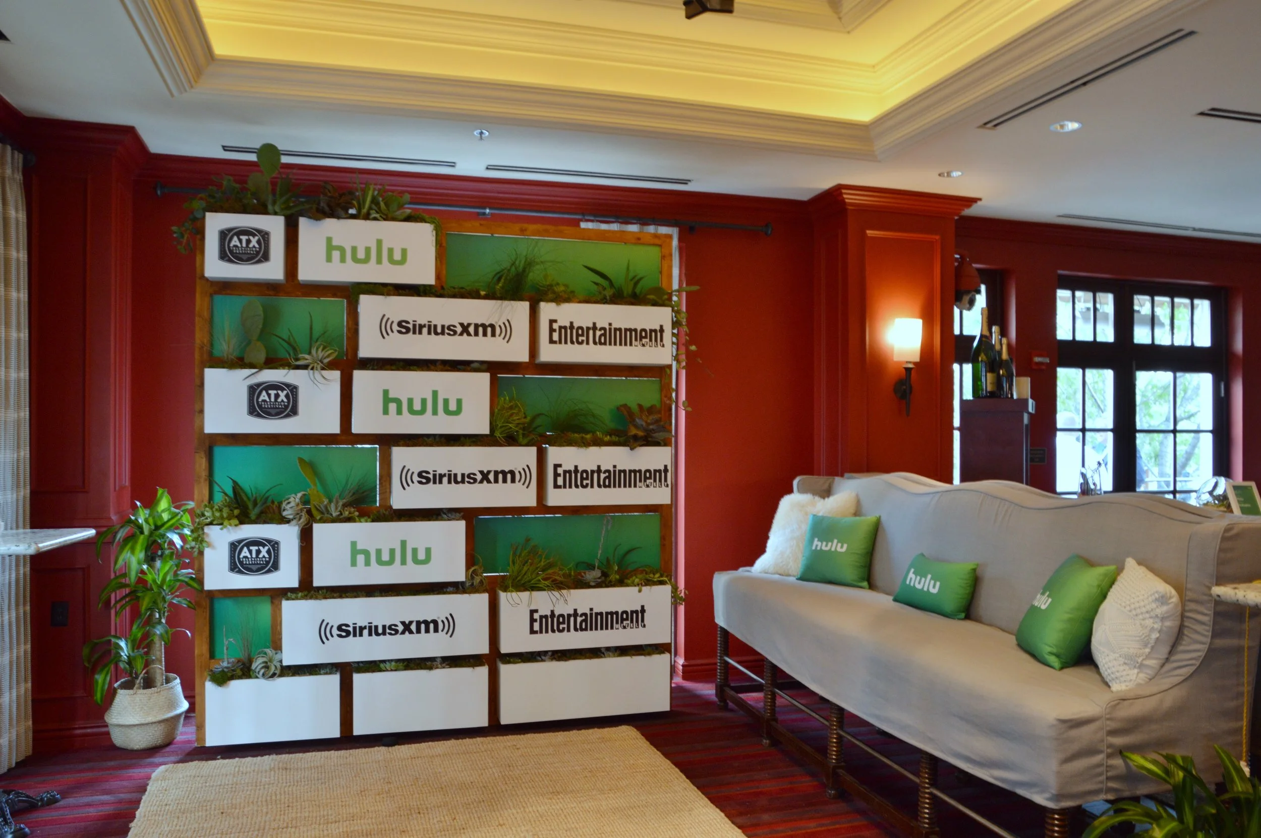 Hulu Lounge at the ATX Television Festival. Custom built step and repeat with real plants.&nbsp;