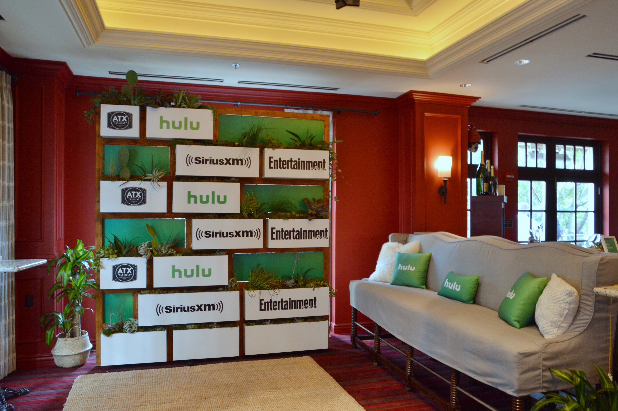 Hulu Lounge at the ATX Television Festival. Custom built step and repeat with real plants. 