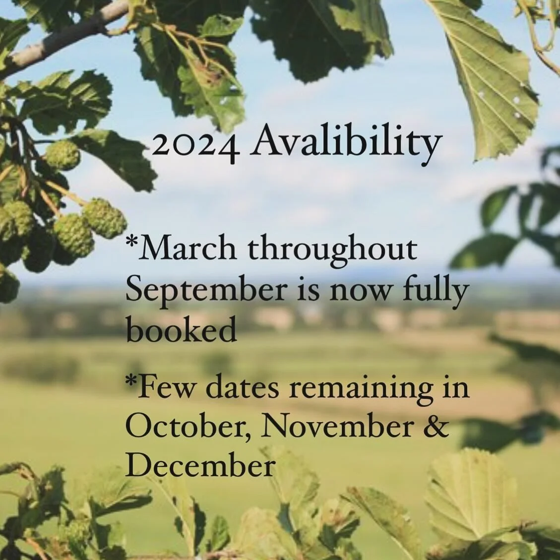 Availability

* 2024 - We are now fully booked through to the end of September with limited dates towards the end of the year! 

* 2025 - The Spring and Summer is already looking busy, if you would like to check our availability please get in touch.
