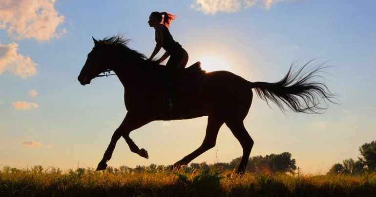 Girl horseback riding at sunset