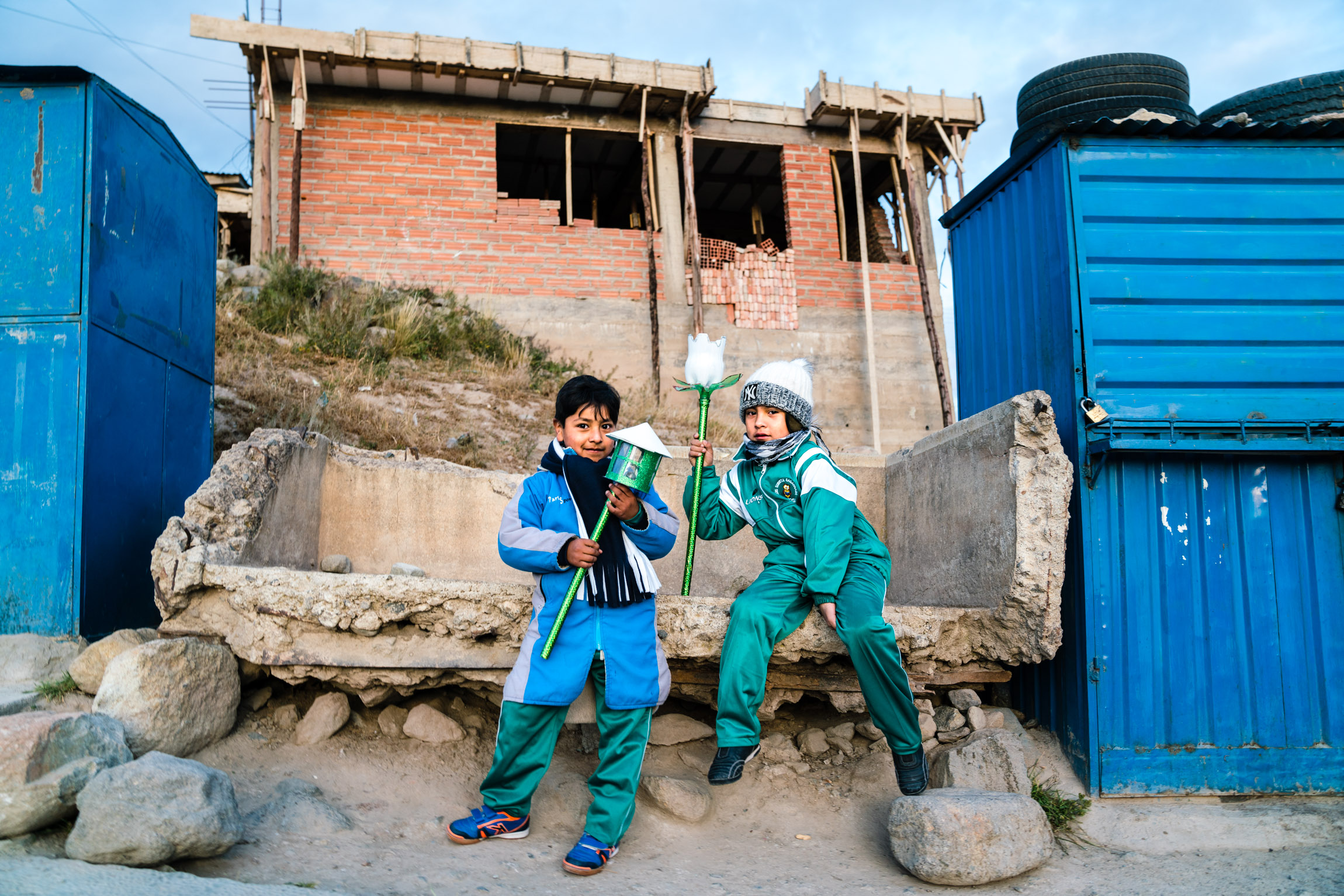 School children waiting for the bus. Potosi, Bolivia. 2018