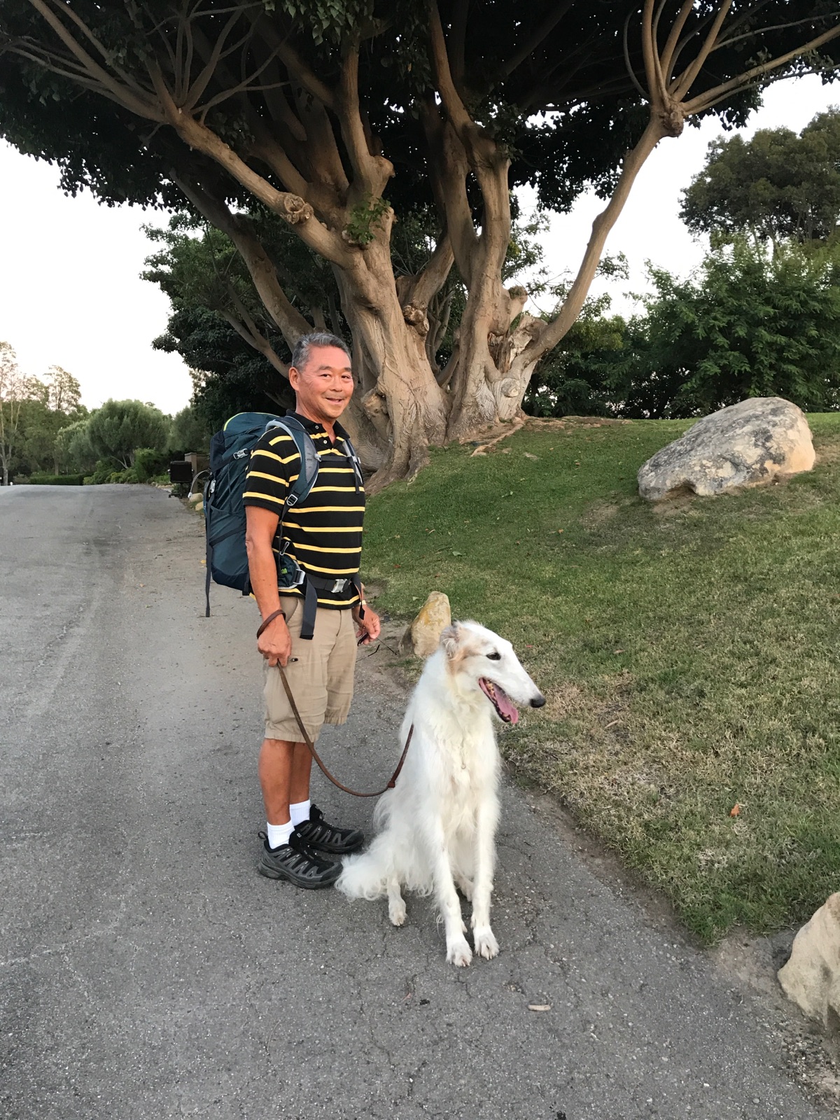  Here's Mike training with a 15 pound backpack while on a walk with Keesa.&nbsp; 