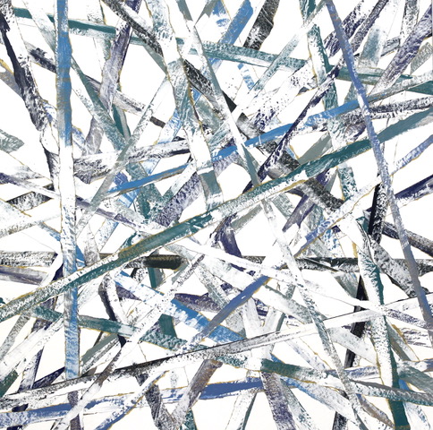 “Crossed Blue 3”, Valerie Grondin, acrylic on paper on canvas, 31.5” x 31.5”