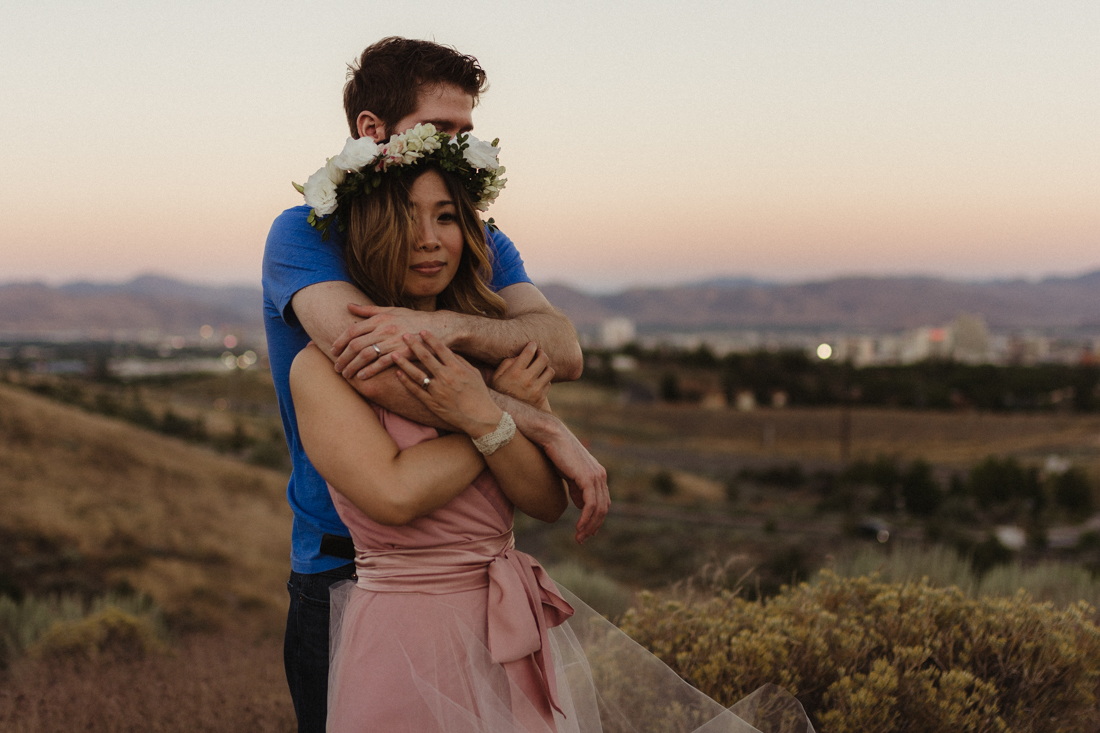 couple looking at Reno, NV during their anniversary session 