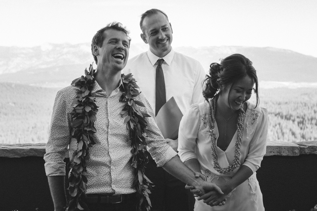 North Tahoe Lodge wedding bride and groom laughing photo   