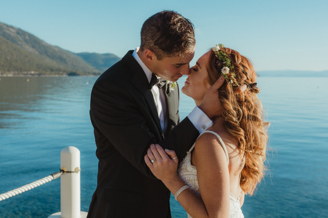 Incline village beach wedding couple kissing photo 