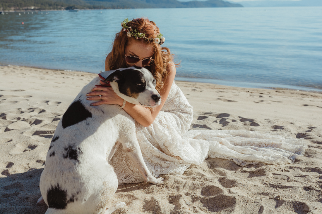 Incline village wedding bride hugging her dog photo