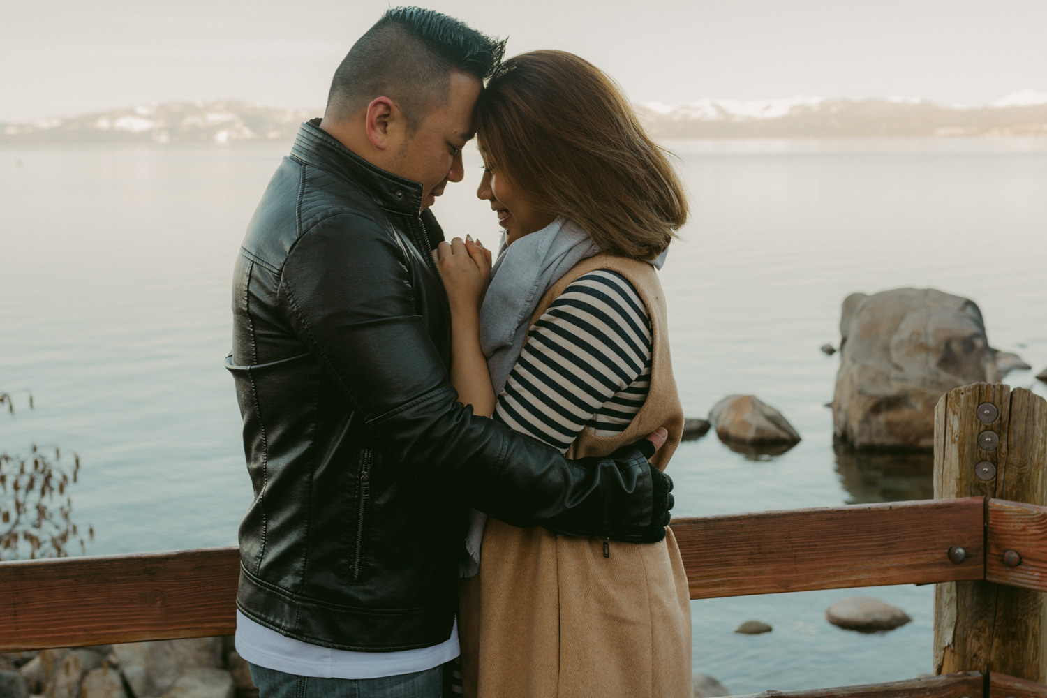 Lake Tahoe engagement session couple's foreheads touching 