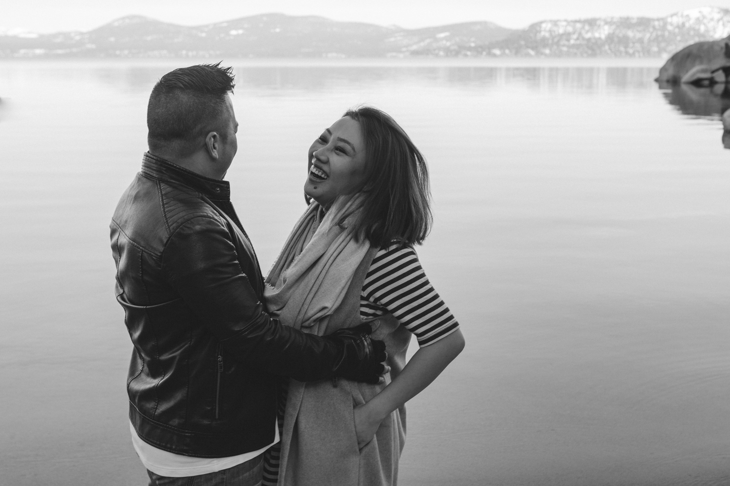 Lake Tahoe engagement session couple laughing at Sand Harbor photo