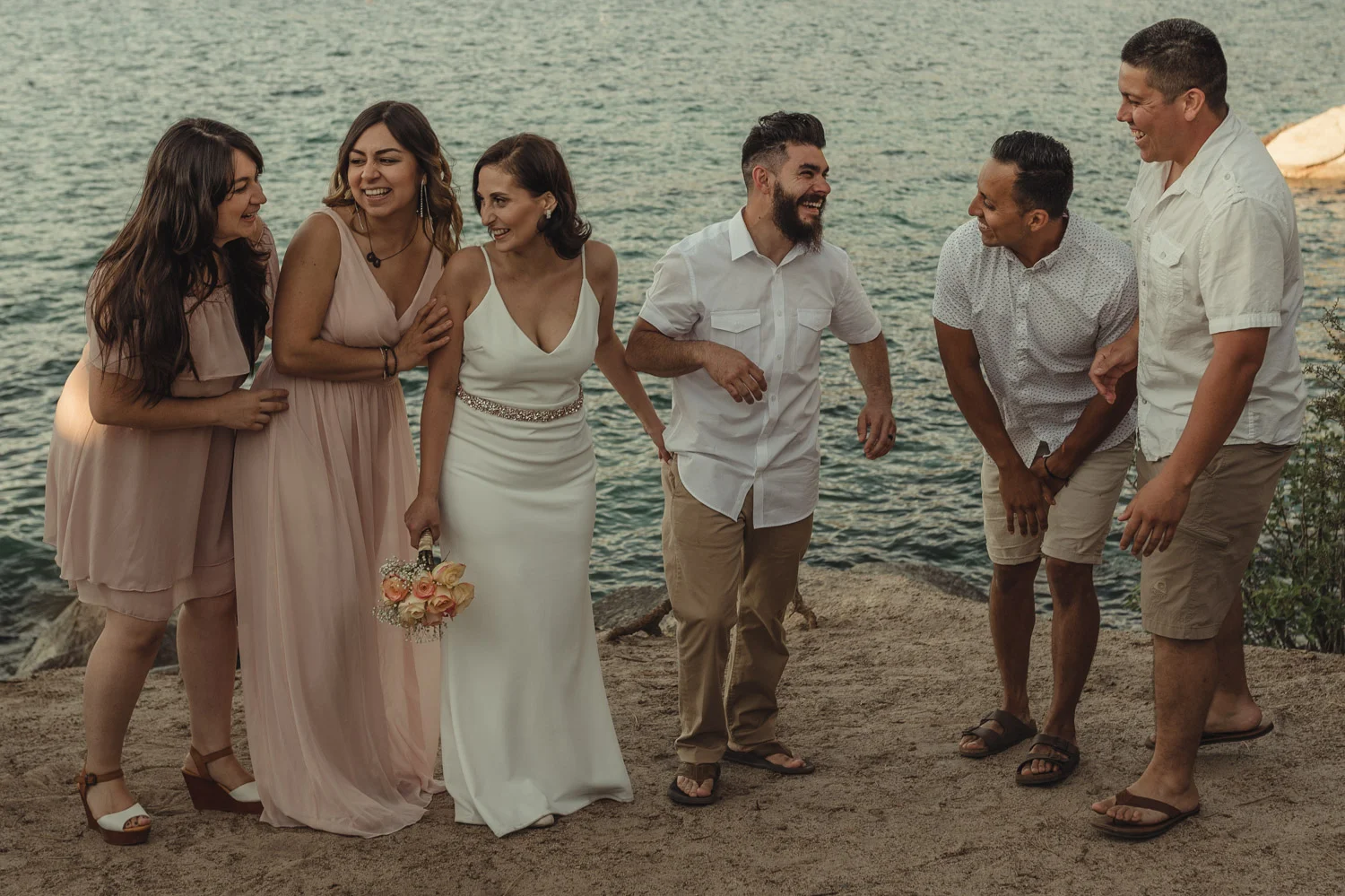 Lake Tahoe elopement bridal party laughing photo