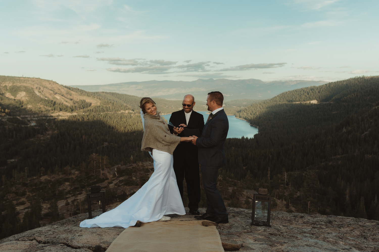 North Lake Tahoe wedding bride smiling during her ceremony photo