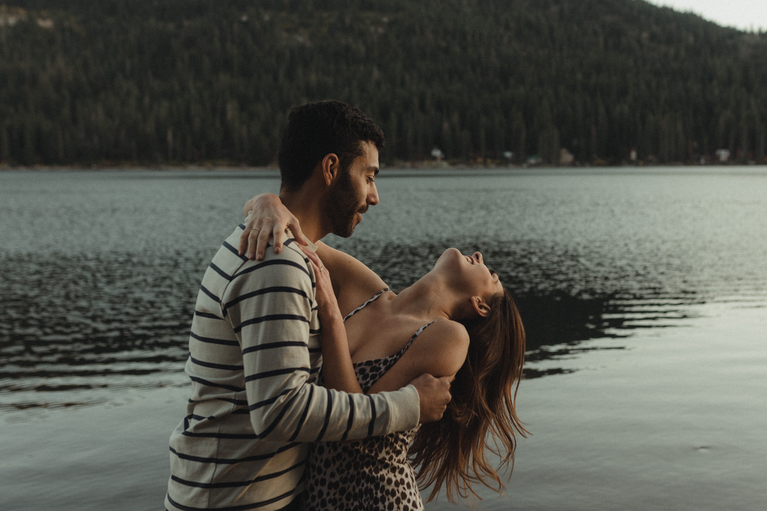 North Lake Tahoe engagement couple laughing together photo