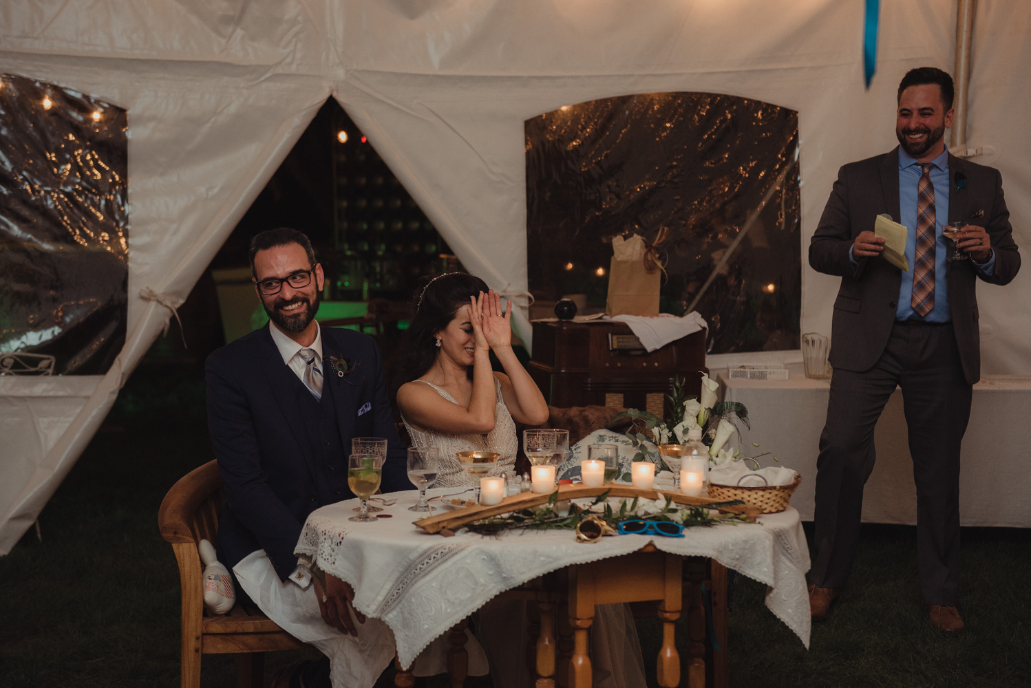 Nevada City wedding reception toasts bride laughing photo