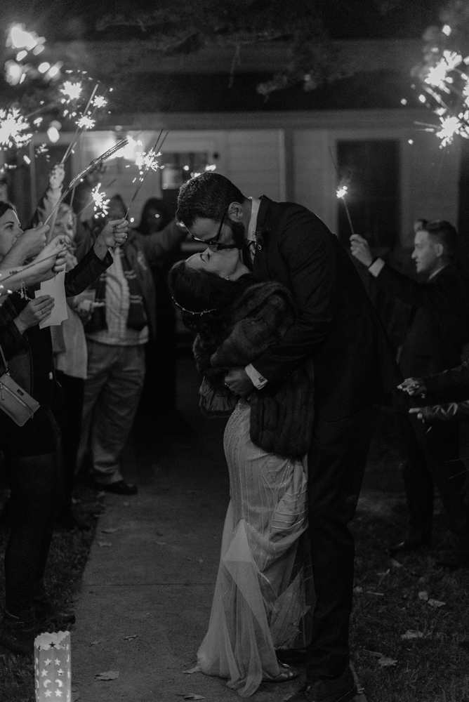 Nevada City wedding sparklers couple kissing photo