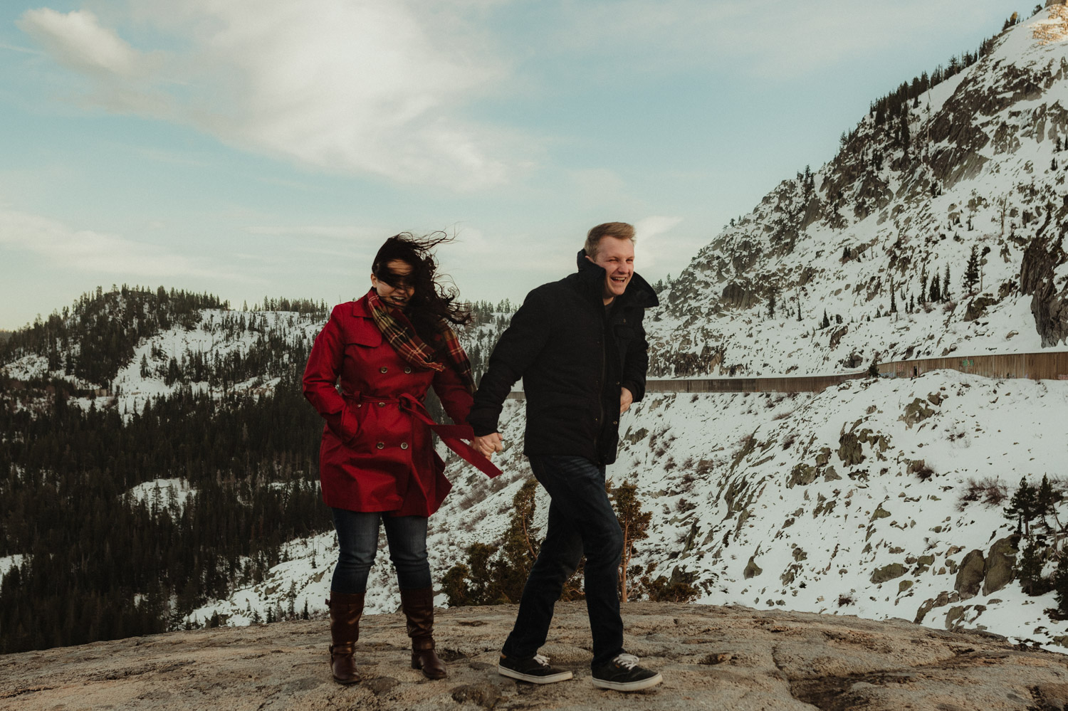 Windy engagement photo inspiration at Donner Pass photo