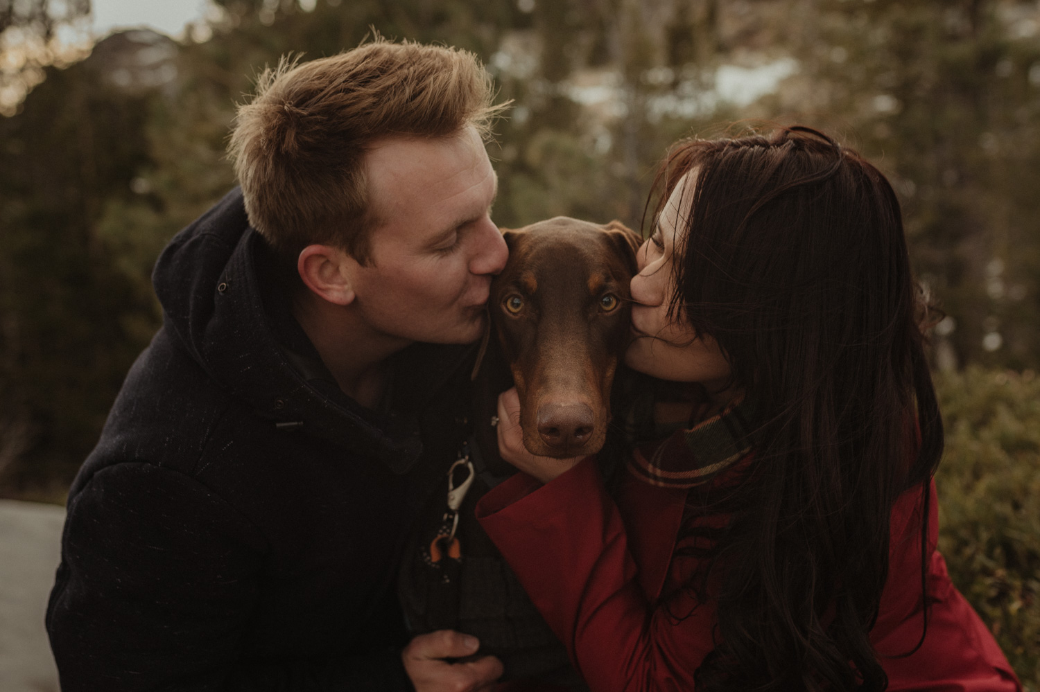 Couples photo in the forest hugging their dog photo