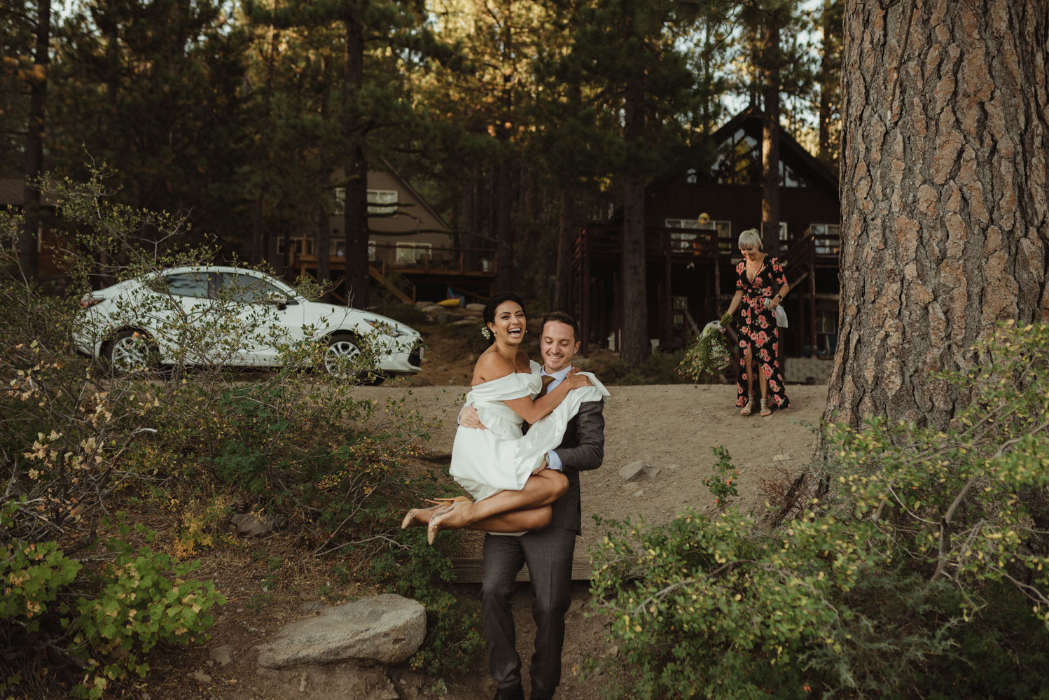 Lake Tahoe pop-up wedding/elopement couple walking to their ceremony photo