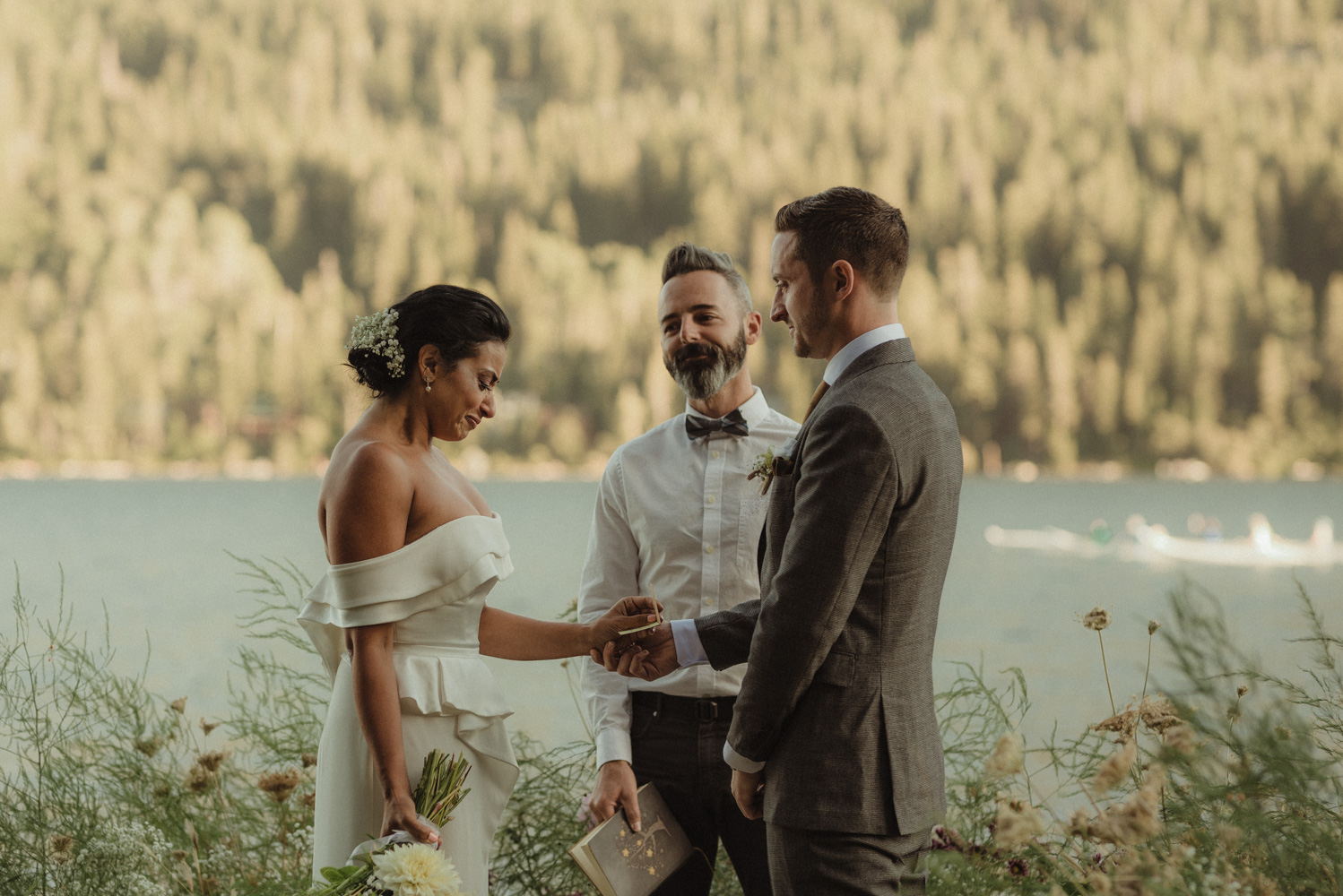 Lake Tahoe pop-up wedding/elopement bride tearing up photo