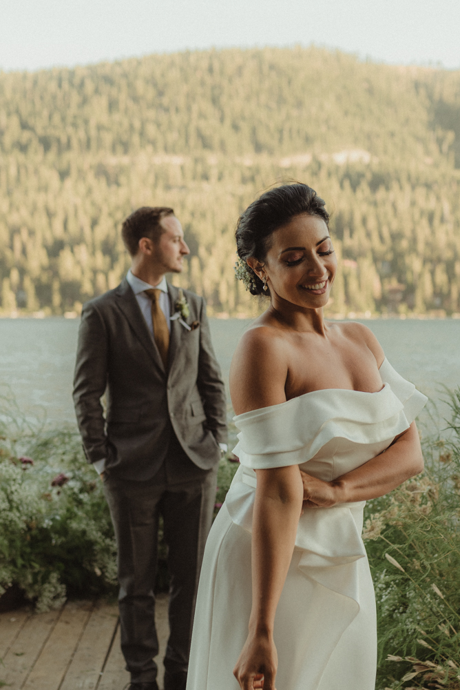 Lake Tahoe pop-up wedding/elopement couple on a dock photo