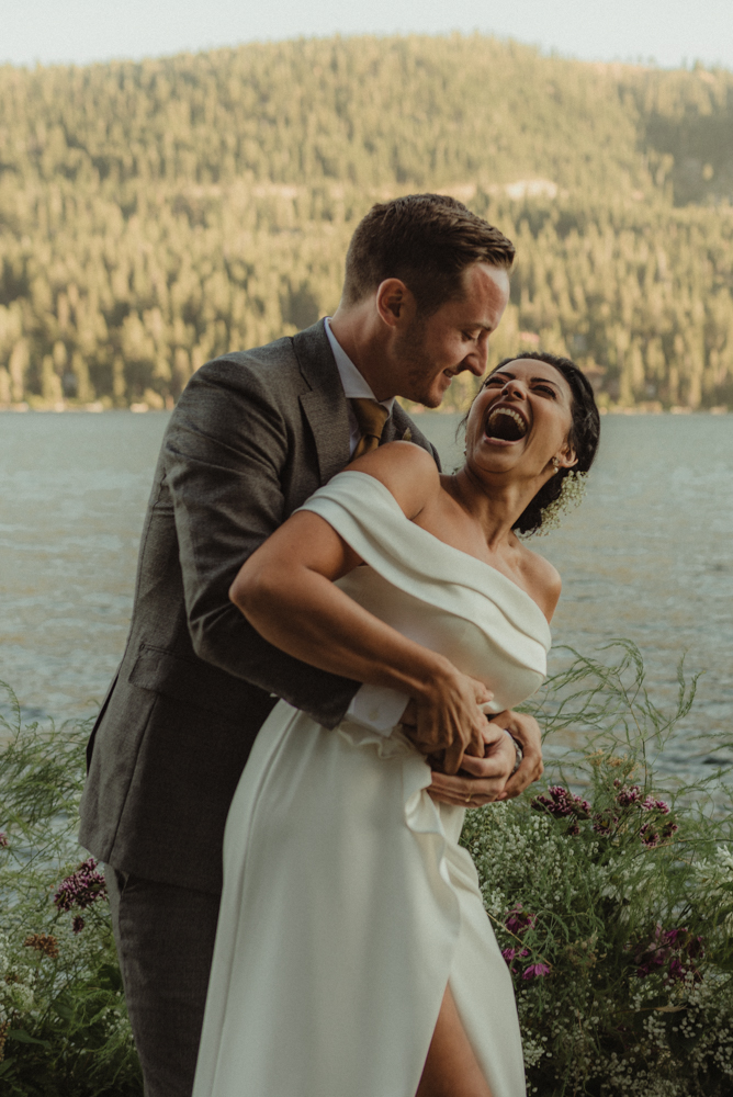 Lake Tahoe pop-up wedding/elopement couple hugging each other photo