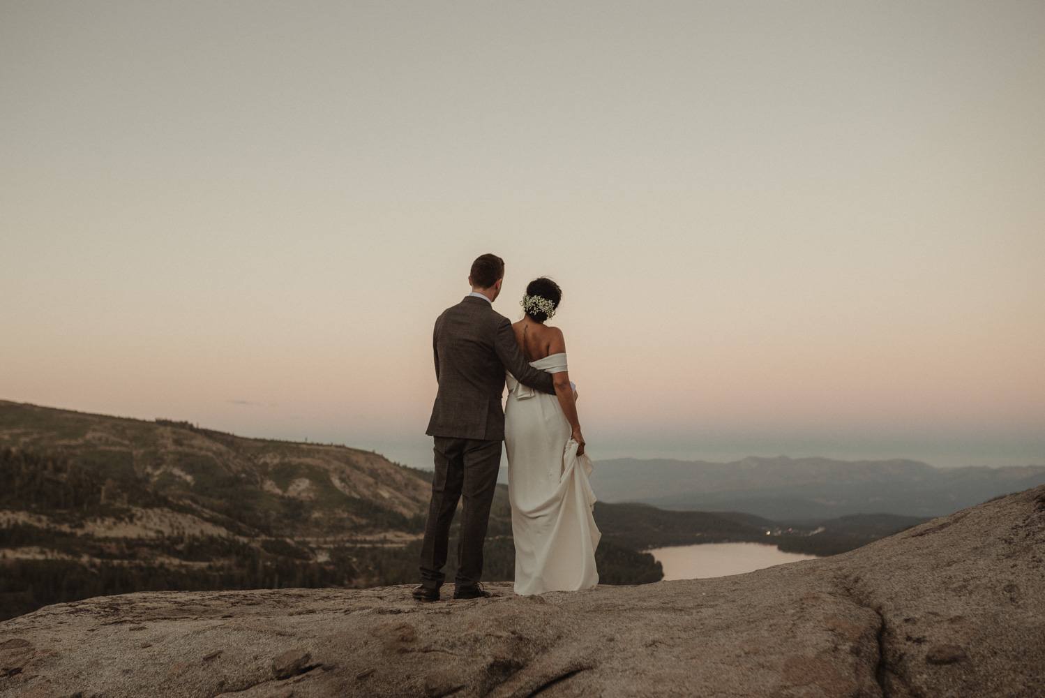 Lake Tahoe pop-up wedding/elopement couple enjoying the last light of sunset photo