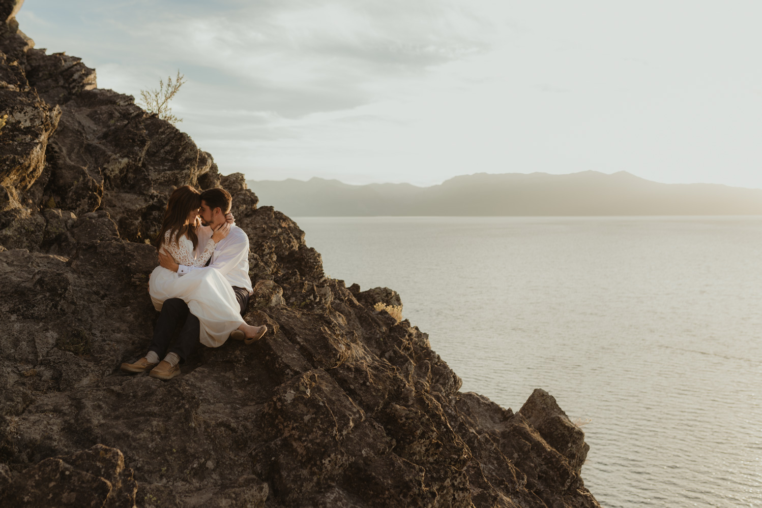Lake Tahoe vow renewal couple enjoying sunset photo