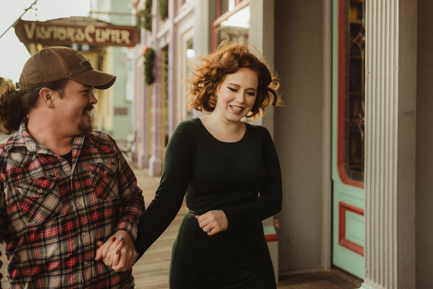Virginia City Engagement session couple walking in the downtown area