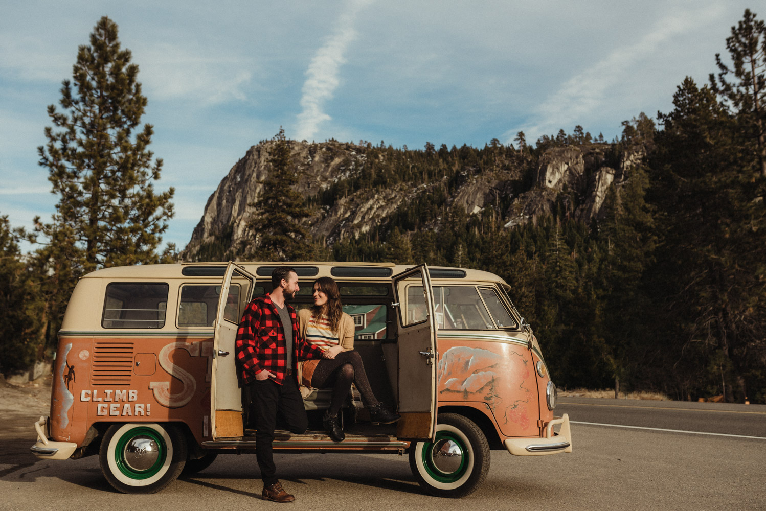 Strawberry California engagement session, couple sitting down in a VW bus