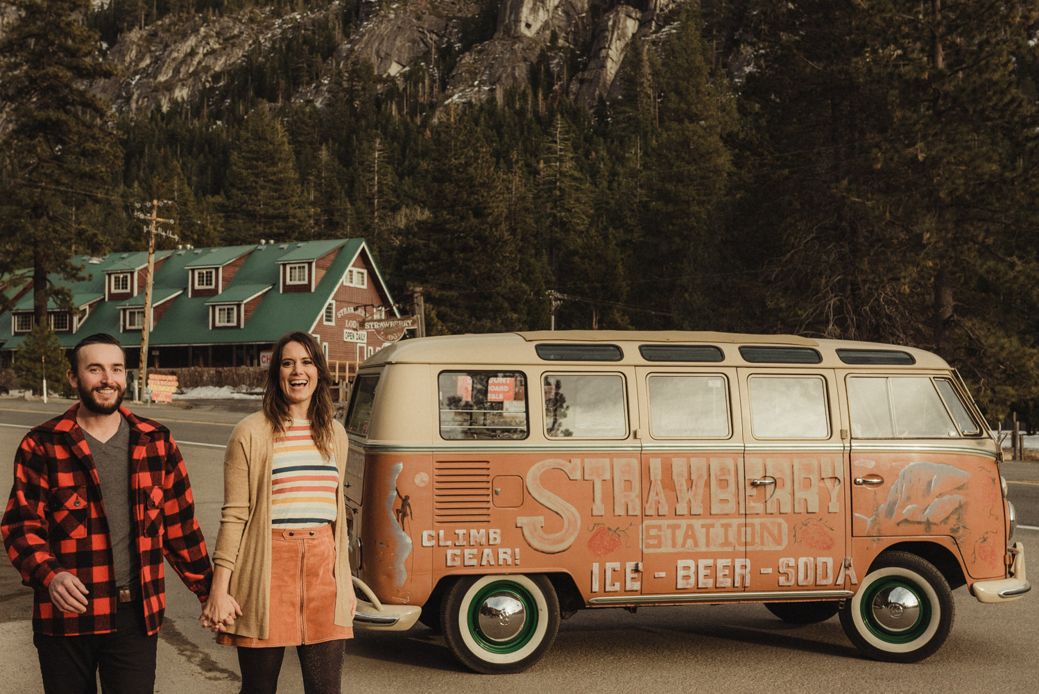 Strawberry California engagement session, couple waling by an old VW bus