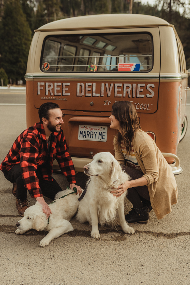 Strawberry California engagement session, couple sitting by an old VW bus