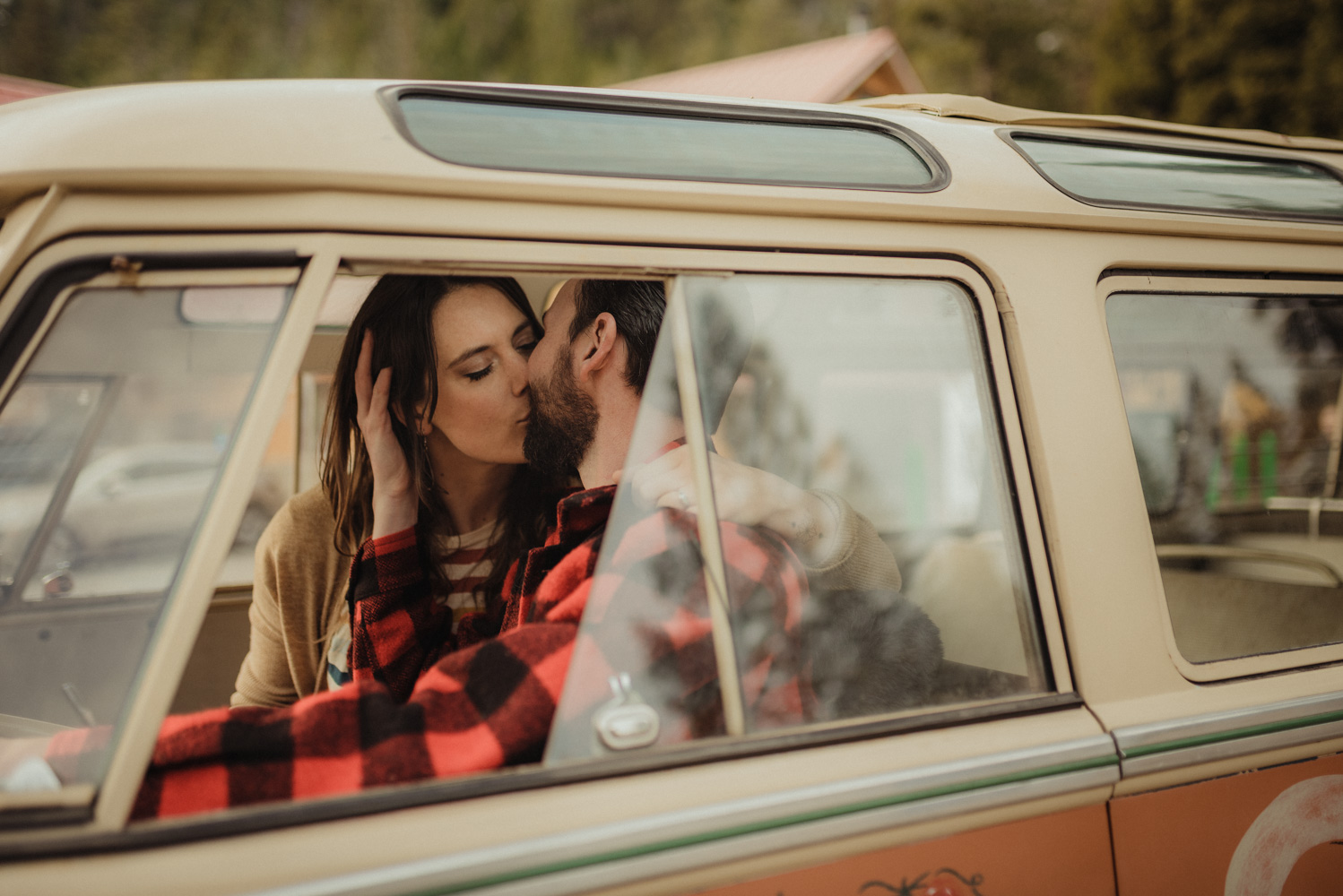 Strawberry California engagement session, couple kissing in an old VW bus