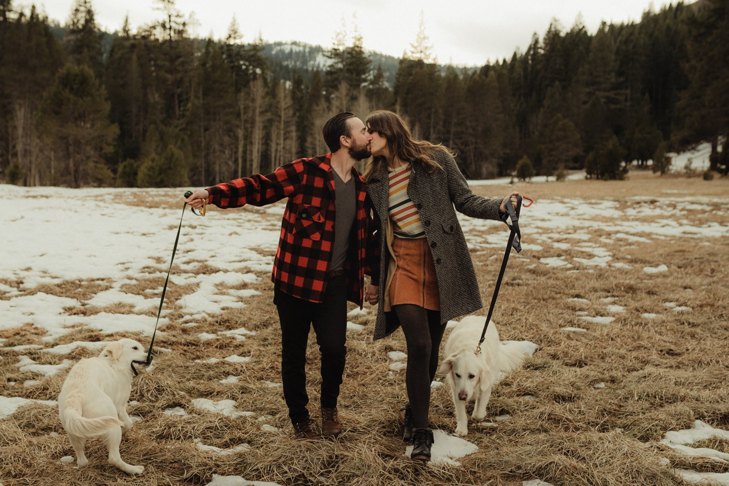 Strawberry California engagement session, couple walking their dogs in the meadows photo