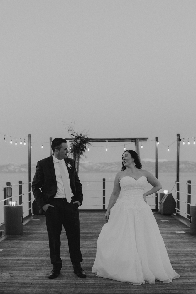 West Shore Cafe Wedding, couple standing on a dock in lake tahoe photo