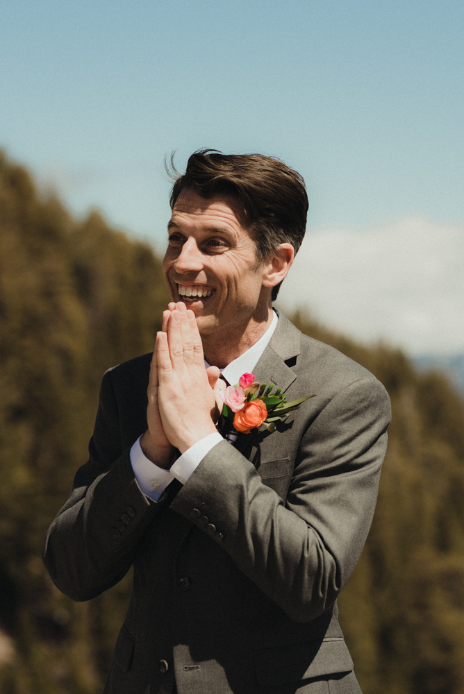 Emerald Bay Elopement, groom excited to see his bride photo