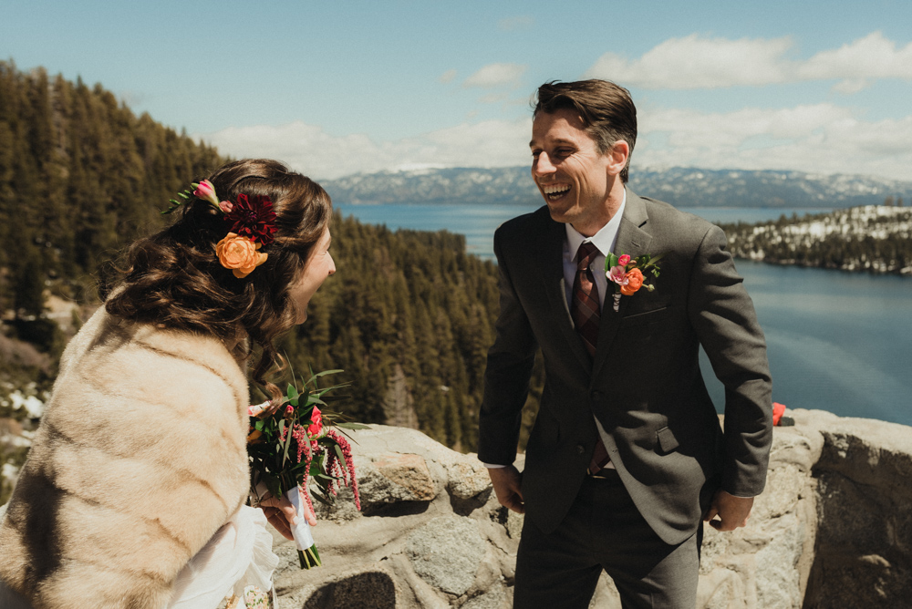 Emerald Bay Elopement, happy reaction at a first look