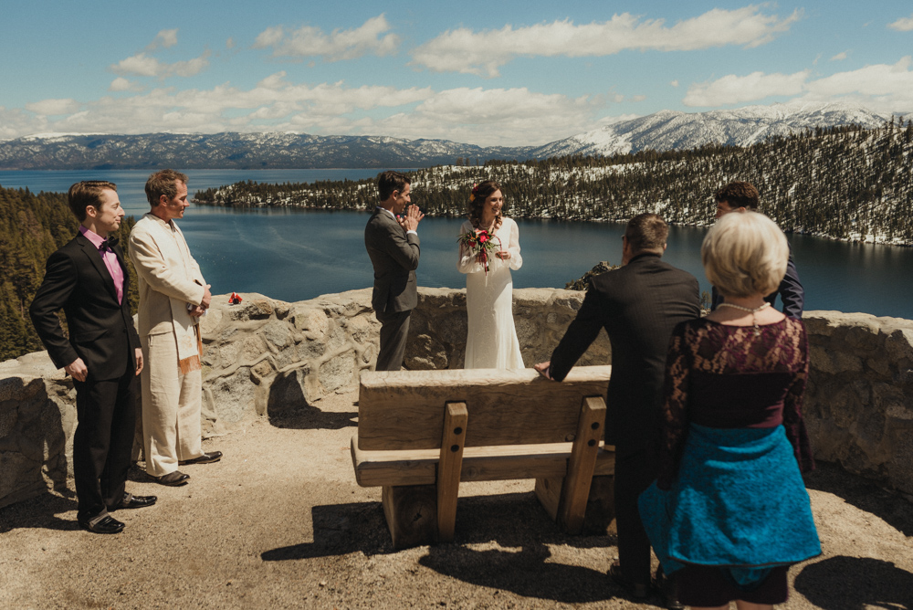 Emerald Bay Elopement, couple at their ceremony cite photo