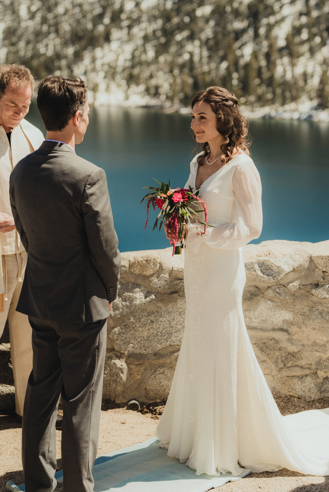 Emerald Bay Elopement, bride during the ceremony photo