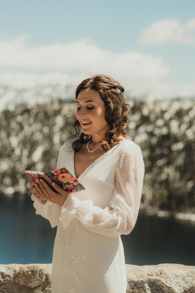 Emerald Bay Elopement, bride reading her vows photo