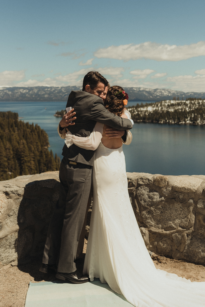 Emerald Bay Elopement, couple hugging photo