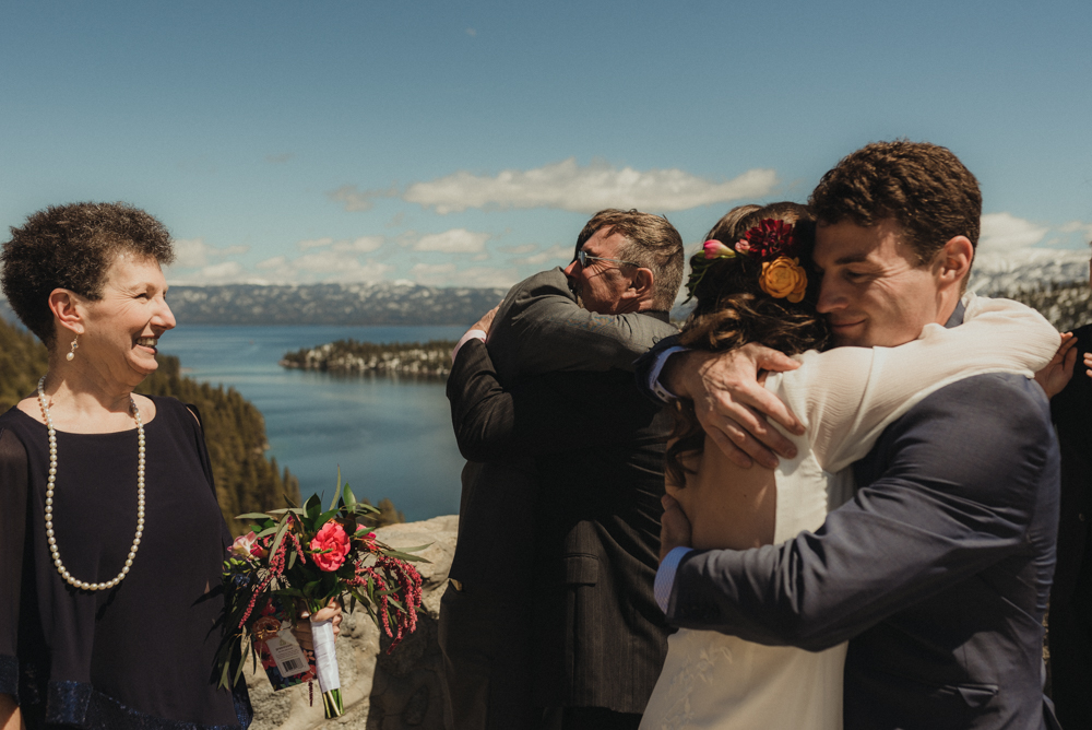 Emerald Bay Elopement,  bride hugging brother photo