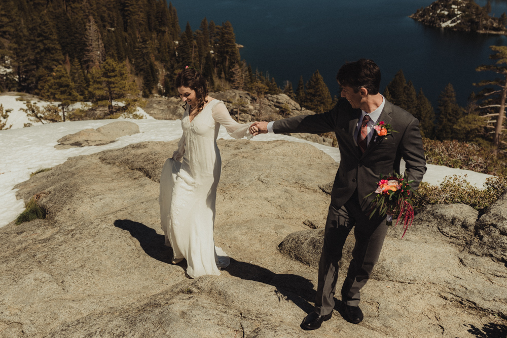 Emerald Bay Elopement in April, couple hanging out photo