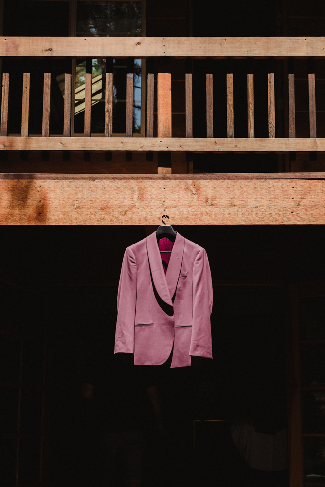 Twenty Mile House Wedding, photo of groom's pink jacket